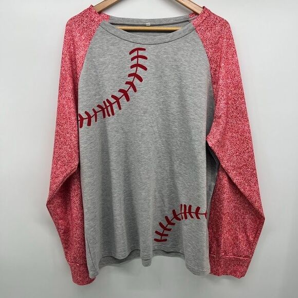 Women's Plus Size 3X Baseball Long Sleeve Shirt Gray/ Red Sleeves - Picture 4 of 6